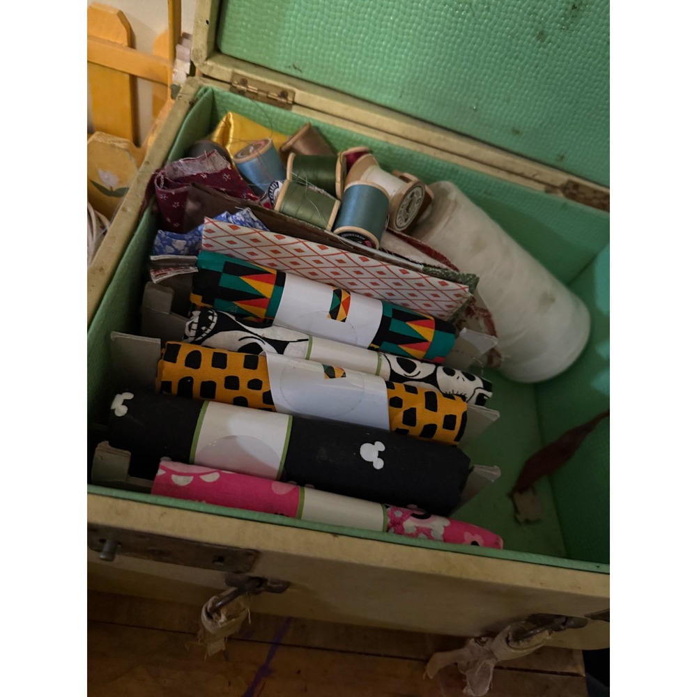 Vintage Sewing Kit with Fabric Remnants Thread Spools and Green Carry Case